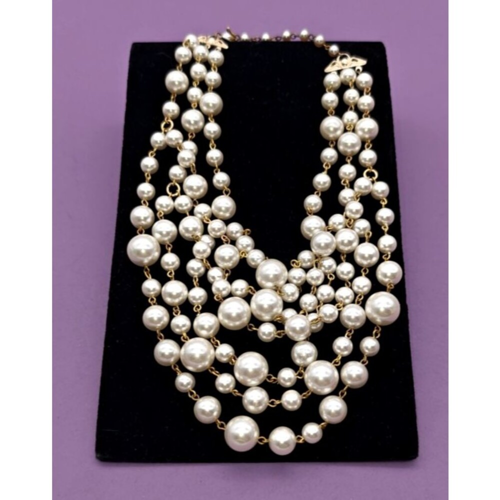 Vintage Necklace Multi Strand SIGNED JAPAN Faux Pearl Bib